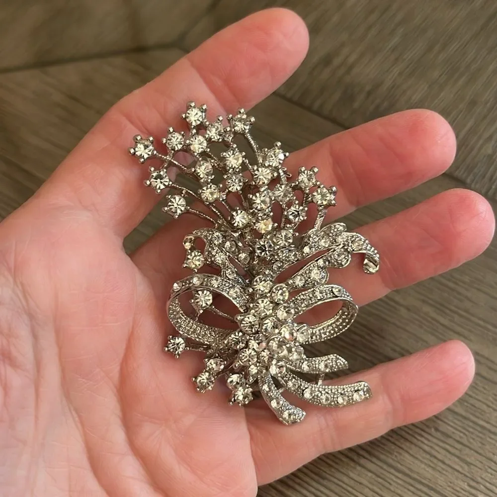Vintage Silver-tone Rhinestone Floral Spray Floral Arrangement with Bow